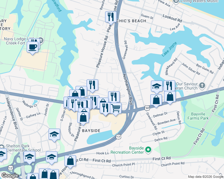 map of restaurants, bars, coffee shops, grocery stores, and more near 4715 Bay Quarter Court in Virginia Beach