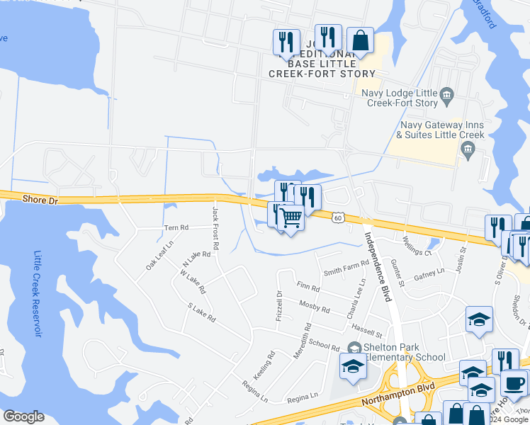 map of restaurants, bars, coffee shops, grocery stores, and more near 5081 Gatehouse Way in Virginia Beach