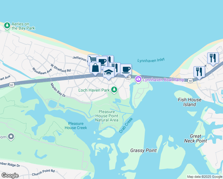 map of restaurants, bars, coffee shops, grocery stores, and more near 3652 East Stratford Road in Virginia Beach