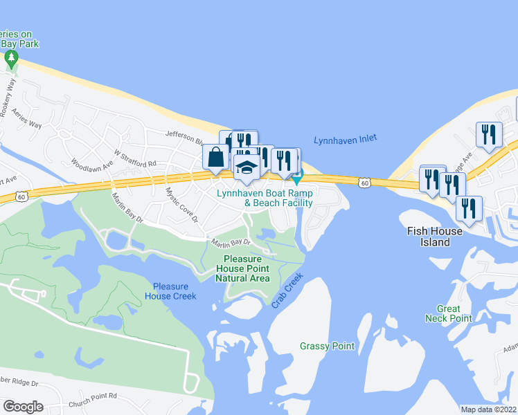 map of restaurants, bars, coffee shops, grocery stores, and more near 3644 E Stratford Rd in Virginia Beach