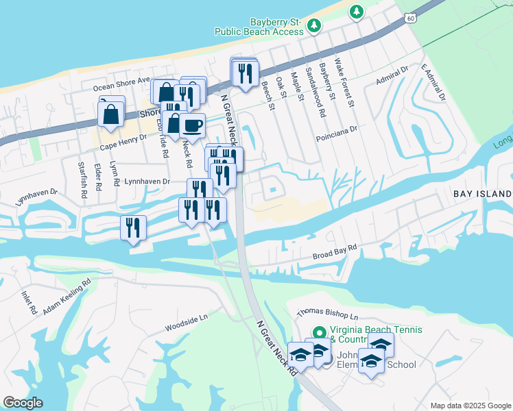map of restaurants, bars, coffee shops, grocery stores, and more near 2100 Marina Bay Cove in Virginia Beach