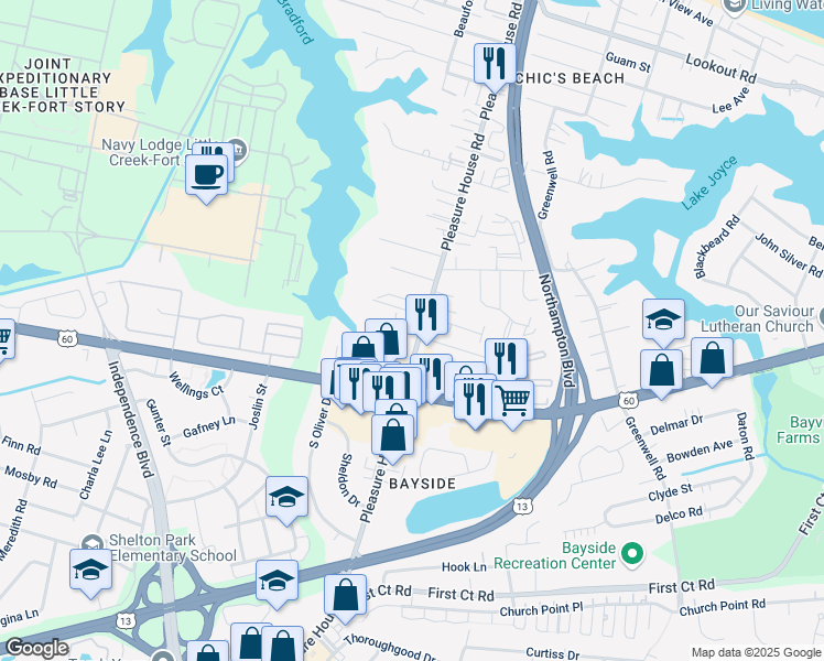 map of restaurants, bars, coffee shops, grocery stores, and more near 2241 Pleasure House Road in Virginia Beach