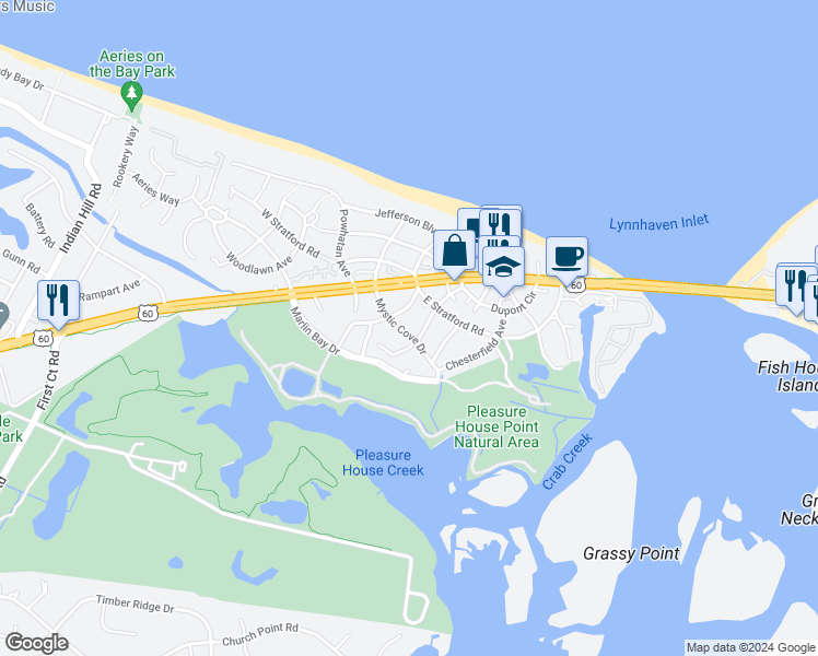map of restaurants, bars, coffee shops, grocery stores, and more near 2123 Mystic Cove Drive in Virginia Beach