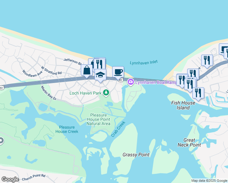 map of restaurants, bars, coffee shops, grocery stores, and more near 3625 East Stratford Road in Virginia Beach