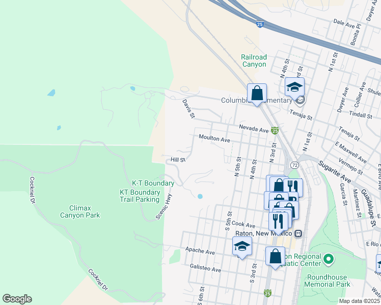 map of restaurants, bars, coffee shops, grocery stores, and more near 400 Hill Street in Raton