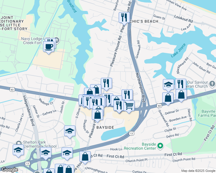 map of restaurants, bars, coffee shops, grocery stores, and more near 3797 Candy Court in Virginia Beach