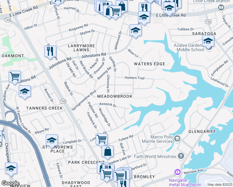 map of restaurants, bars, coffee shops, grocery stores, and more near 6900 Gardner Drive in Norfolk