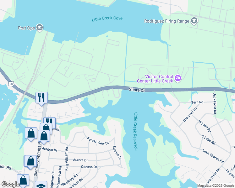 map of restaurants, bars, coffee shops, grocery stores, and more near 2121 Kimball Circle in Virginia Beach