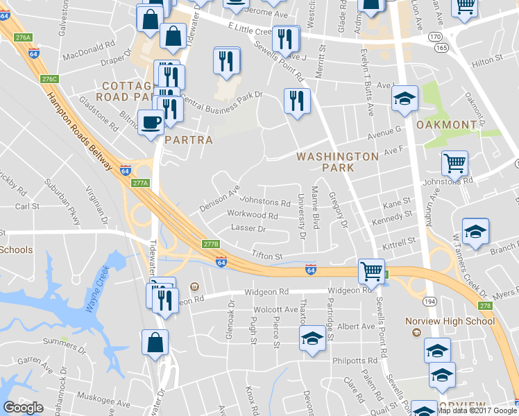 map of restaurants, bars, coffee shops, grocery stores, and more near 7041 Clayton Drive in Norfolk