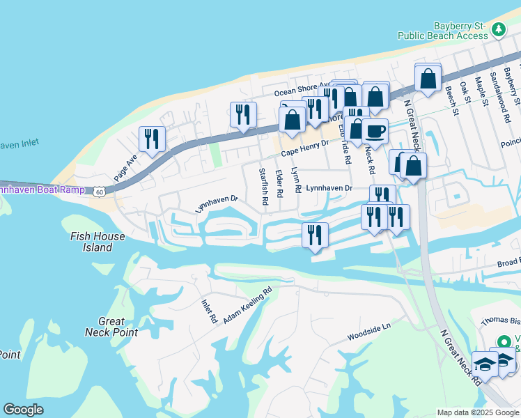 map of restaurants, bars, coffee shops, grocery stores, and more near 2201 Starfish Road in Virginia Beach