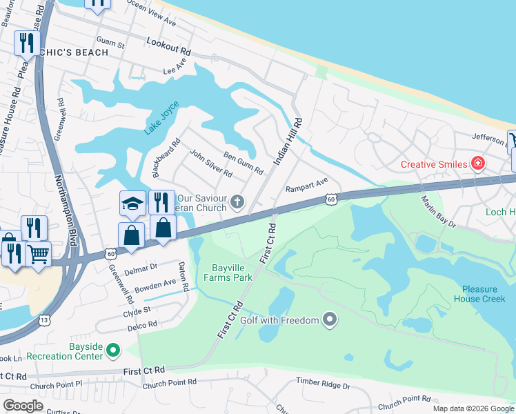 map of restaurants, bars, coffee shops, grocery stores, and more near 2200 Indian Hill Road in Virginia Beach