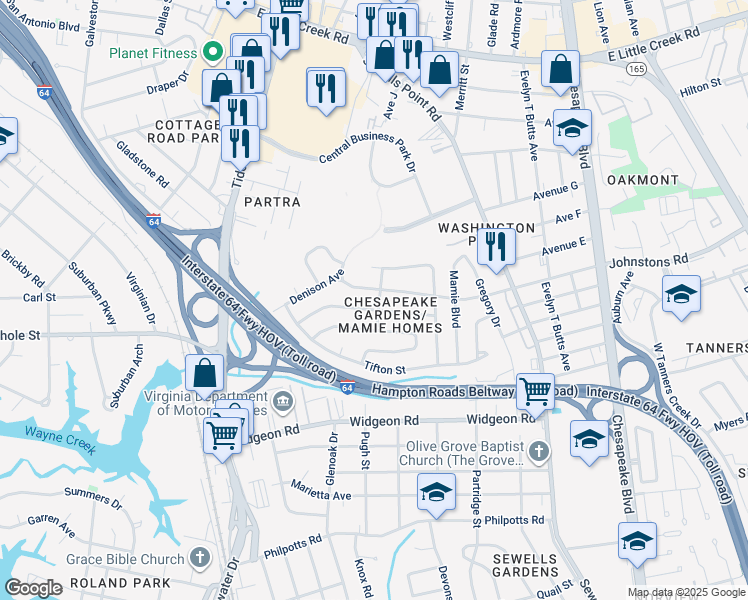 map of restaurants, bars, coffee shops, grocery stores, and more near 7041 Clayton Drive in Norfolk
