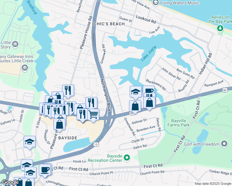 map of restaurants, bars, coffee shops, grocery stores, and more near 2301 Paragon Court in Virginia Beach