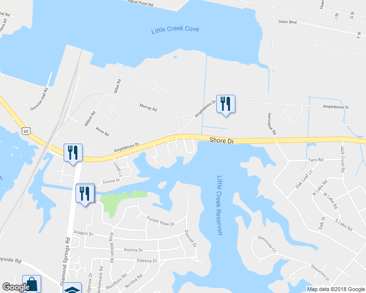 map of restaurants, bars, coffee shops, grocery stores, and more near 2144 Kimball Circle in Virginia Beach