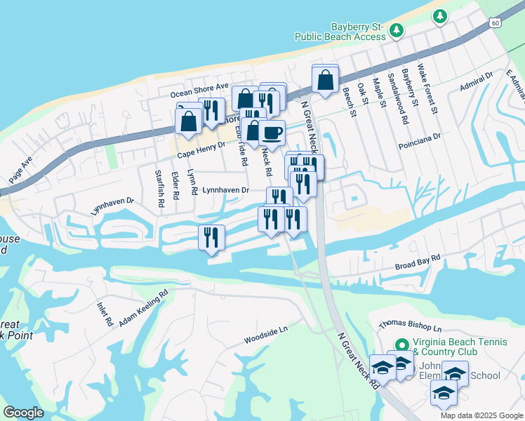 map of restaurants, bars, coffee shops, grocery stores, and more near 2904 Breezy Road in Virginia Beach