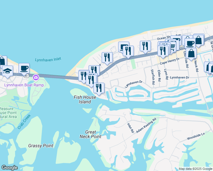 map of restaurants, bars, coffee shops, grocery stores, and more near 2140 Vista Circle in Virginia Beach