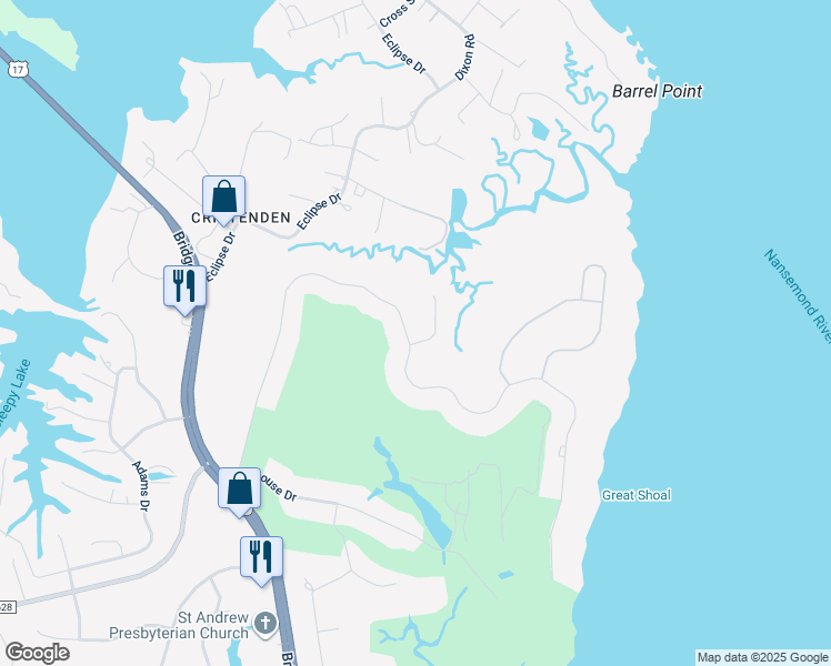 map of restaurants, bars, coffee shops, grocery stores, and more near 9031 River Crescent in Suffolk