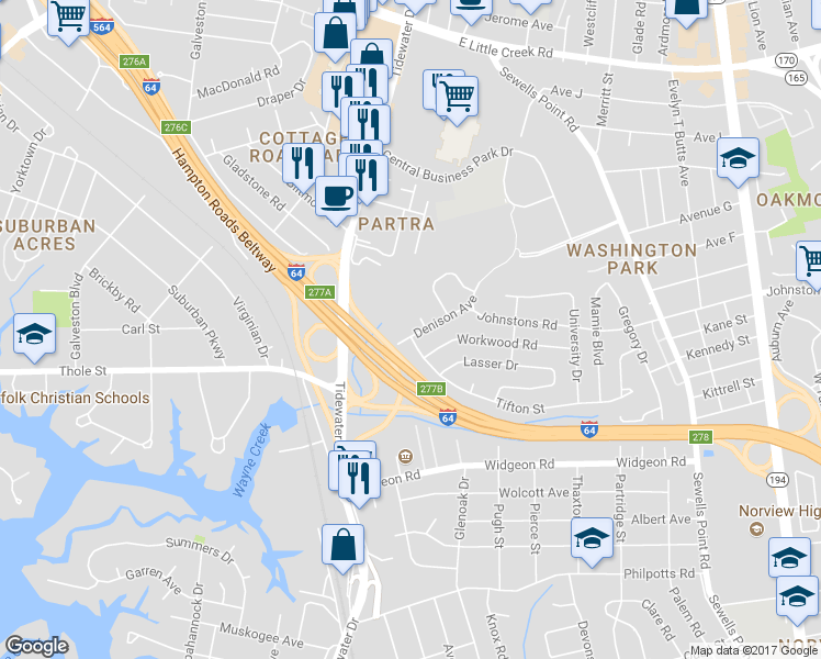 map of restaurants, bars, coffee shops, grocery stores, and more near 756 Denison Avenue in Norfolk