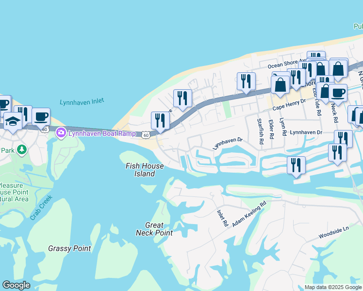 map of restaurants, bars, coffee shops, grocery stores, and more near 2140 Vista Circle in Virginia Beach