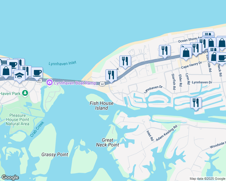 map of restaurants, bars, coffee shops, grocery stores, and more near 2161 Vista Circle in Virginia Beach