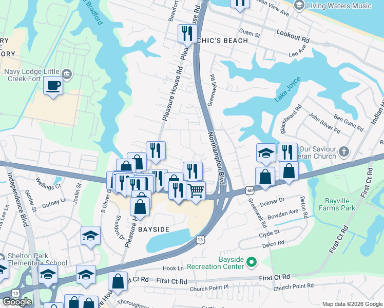 map of restaurants, bars, coffee shops, grocery stores, and more near 2206 Acorn Road in Virginia Beach