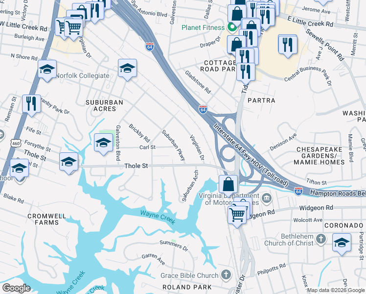 map of restaurants, bars, coffee shops, grocery stores, and more near 569 Suburban Parkway in Norfolk
