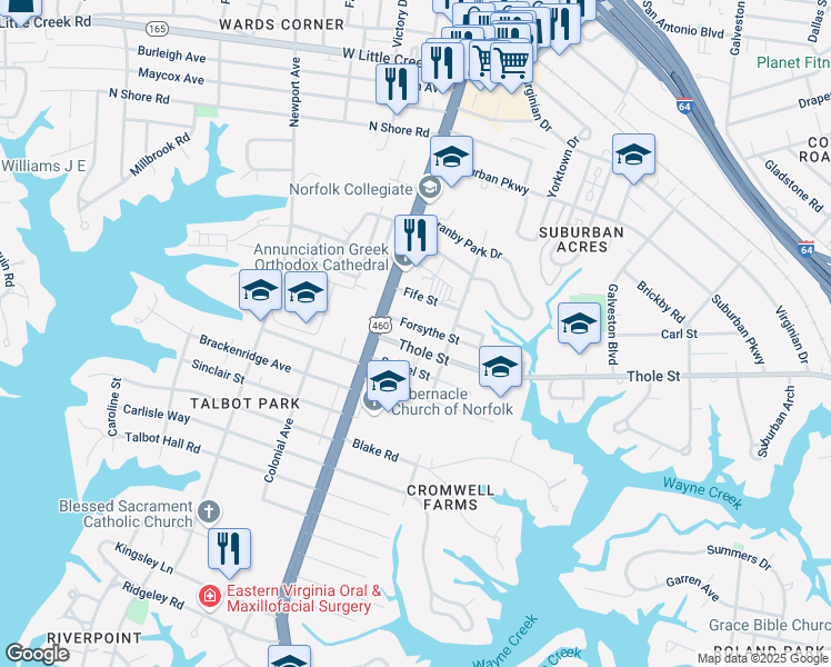 map of restaurants, bars, coffee shops, grocery stores, and more near 115 Thole Street in Norfolk