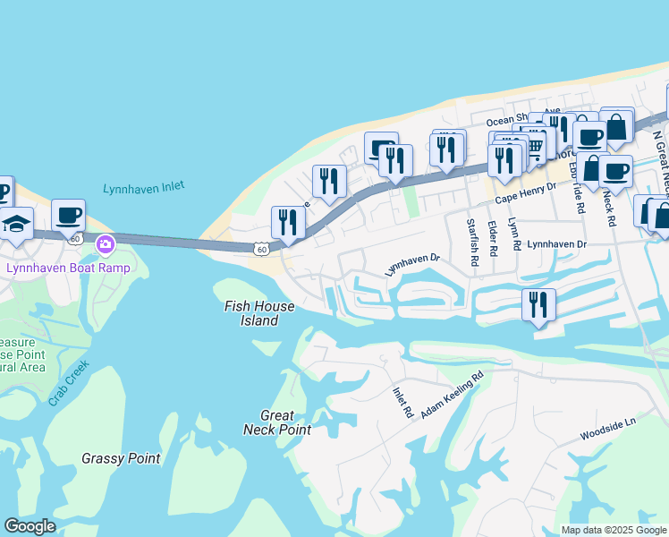 map of restaurants, bars, coffee shops, grocery stores, and more near 2205 Newbern Lane in Virginia Beach