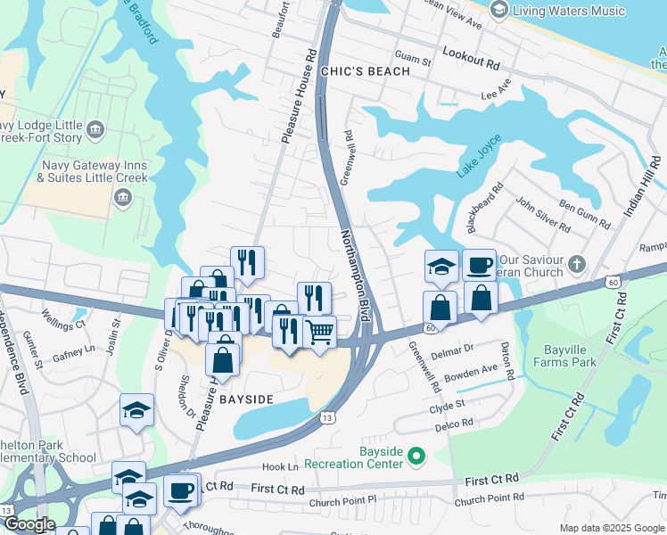 map of restaurants, bars, coffee shops, grocery stores, and more near 2238 Acorn Cove in Virginia Beach