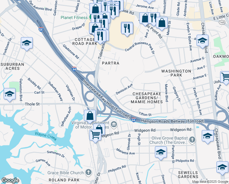 map of restaurants, bars, coffee shops, grocery stores, and more near 756 Denison Avenue in Norfolk