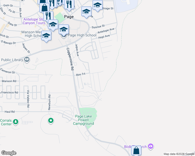 map of restaurants, bars, coffee shops, grocery stores, and more near 867 Sandpiper Drive in Page