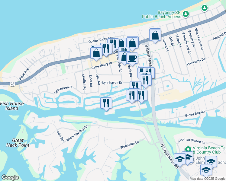 map of restaurants, bars, coffee shops, grocery stores, and more near 2100 Lynnhaven Circle in Virginia Beach