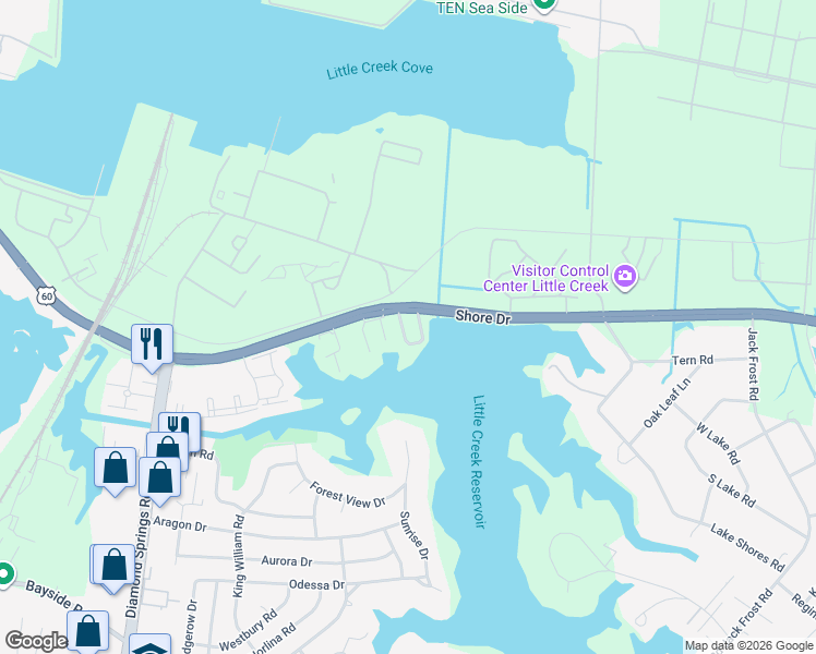 map of restaurants, bars, coffee shops, grocery stores, and more near 2147 Kimball Circle in Virginia Beach