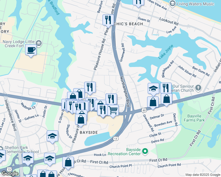 map of restaurants, bars, coffee shops, grocery stores, and more near 2239 Pine Shore Court in Virginia Beach
