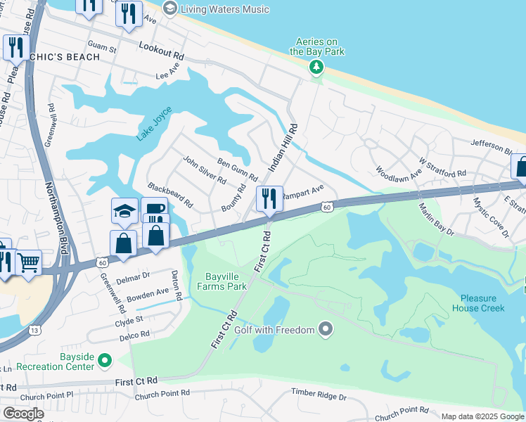 map of restaurants, bars, coffee shops, grocery stores, and more near 2201 Baylake Road in Virginia Beach