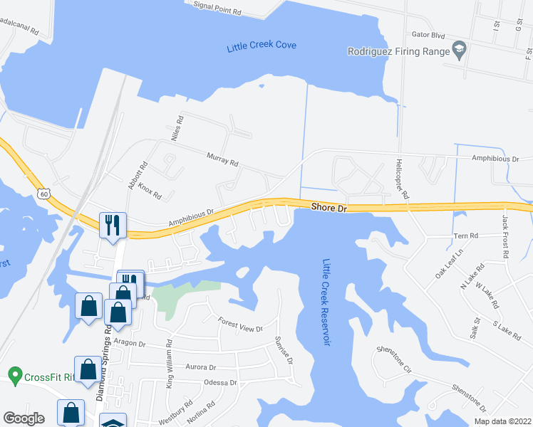 map of restaurants, bars, coffee shops, grocery stores, and more near 2136 Point Hollow Court in Virginia Beach