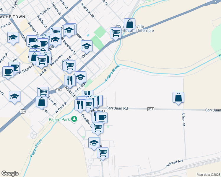 map of restaurants, bars, coffee shops, grocery stores, and more near 35 Susan Street in Pajaro