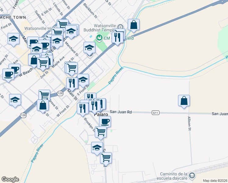 map of restaurants, bars, coffee shops, grocery stores, and more near 124 Gonda Street in Pajaro
