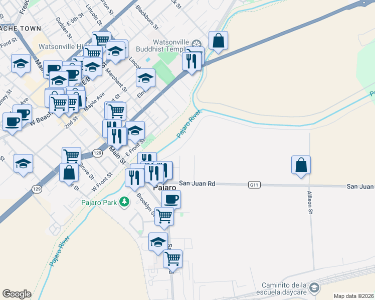 map of restaurants, bars, coffee shops, grocery stores, and more near 35 Susan Street in Pajaro