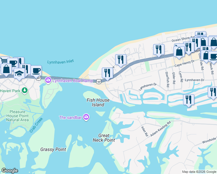 map of restaurants, bars, coffee shops, grocery stores, and more near 2161 Vista Circle in Virginia Beach