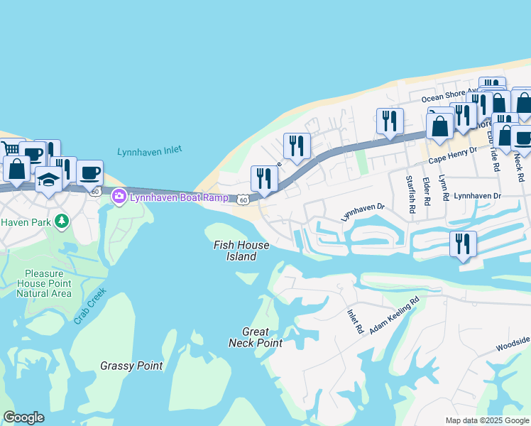 map of restaurants, bars, coffee shops, grocery stores, and more near 2161 Vista Circle in Virginia Beach