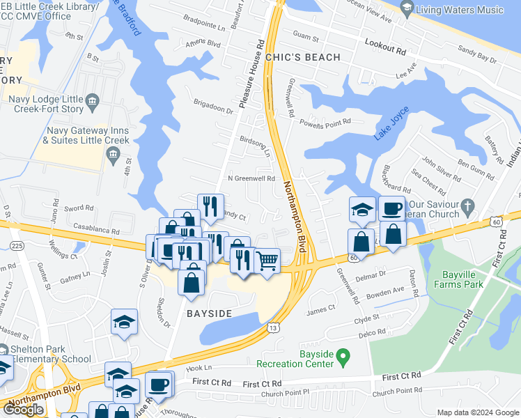 map of restaurants, bars, coffee shops, grocery stores, and more near 2206 Acorn Road in Virginia Beach