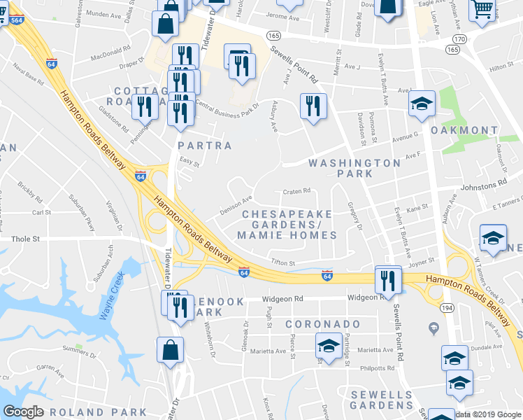 map of restaurants, bars, coffee shops, grocery stores, and more near 857 Workwood Road in Norfolk