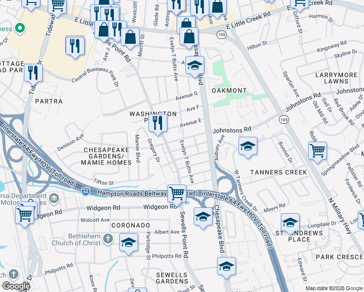 map of restaurants, bars, coffee shops, grocery stores, and more near 1067 Kennedy Street in Norfolk
