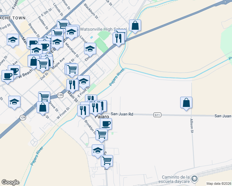 map of restaurants, bars, coffee shops, grocery stores, and more near 124 Gonda Street in Pajaro
