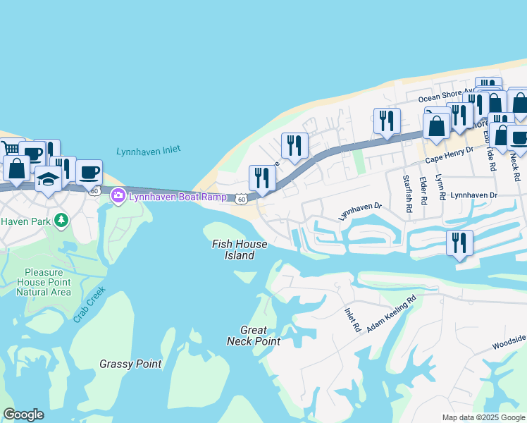 map of restaurants, bars, coffee shops, grocery stores, and more near 2161 Vista Circle in Virginia Beach