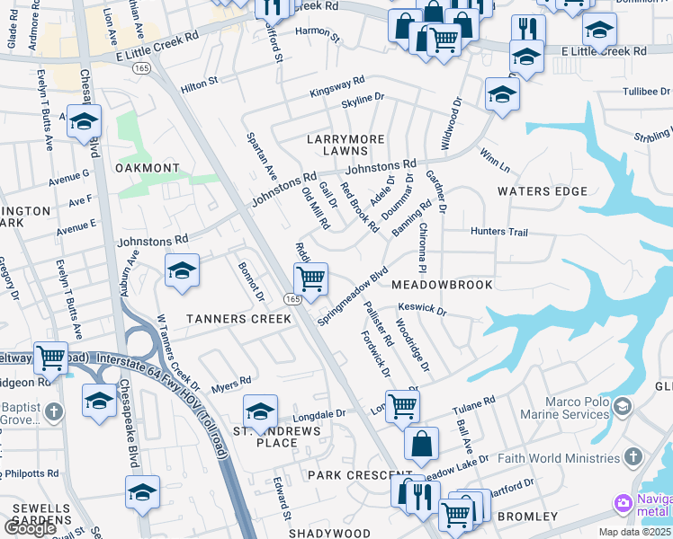 map of restaurants, bars, coffee shops, grocery stores, and more near 6924 Pallister Road in Norfolk