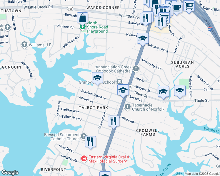 map of restaurants, bars, coffee shops, grocery stores, and more near 7101 Granby Street in Norfolk