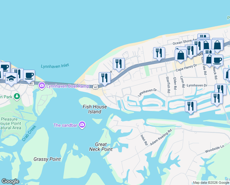 map of restaurants, bars, coffee shops, grocery stores, and more near 3200 Lynnhaven Drive in Virginia Beach