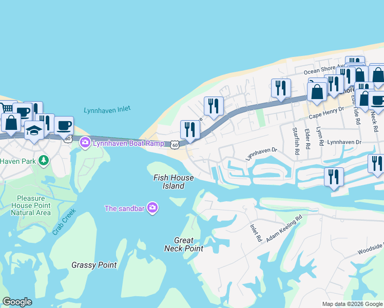 map of restaurants, bars, coffee shops, grocery stores, and more near 2161 Vista Circle in Virginia Beach